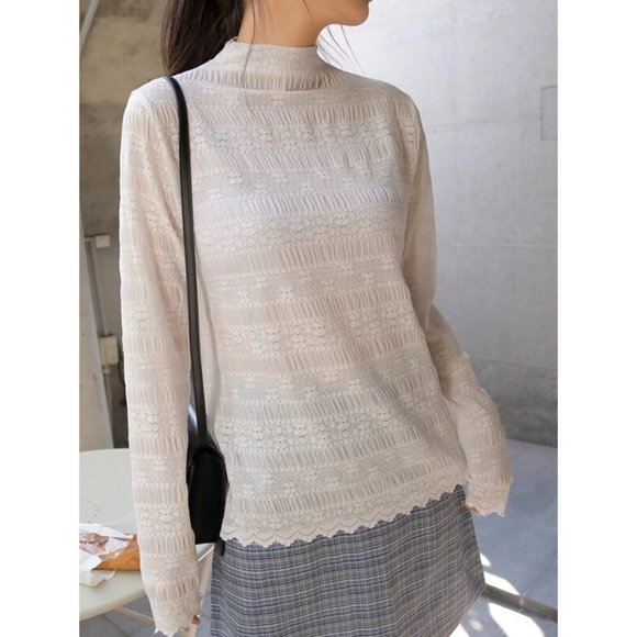 Mock Neck Lace Long Sleeve Top - Picture 3 of 6